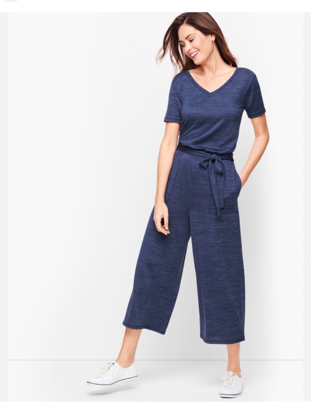 Talbots Navy Wide-Leg V-Neck Jumpsuit with Self-Tie Waist